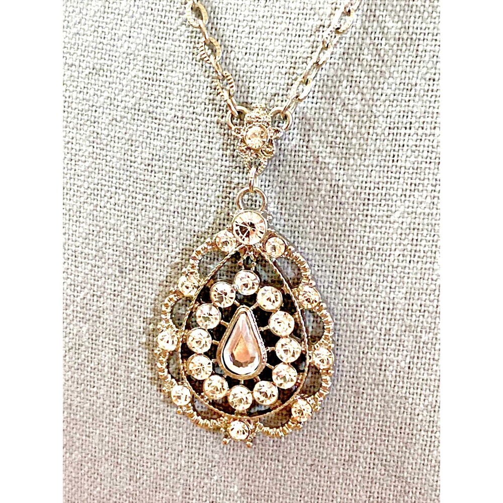 2028 Brand Rhinestone Pendant Necklace Victorian Revival Style Silver Tone 19"